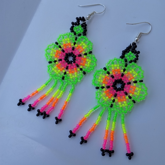 Handmade Earrings Beaded Neon Flowers Dangle Earrings From Mexico Handcrafted - Picture 2 of 3